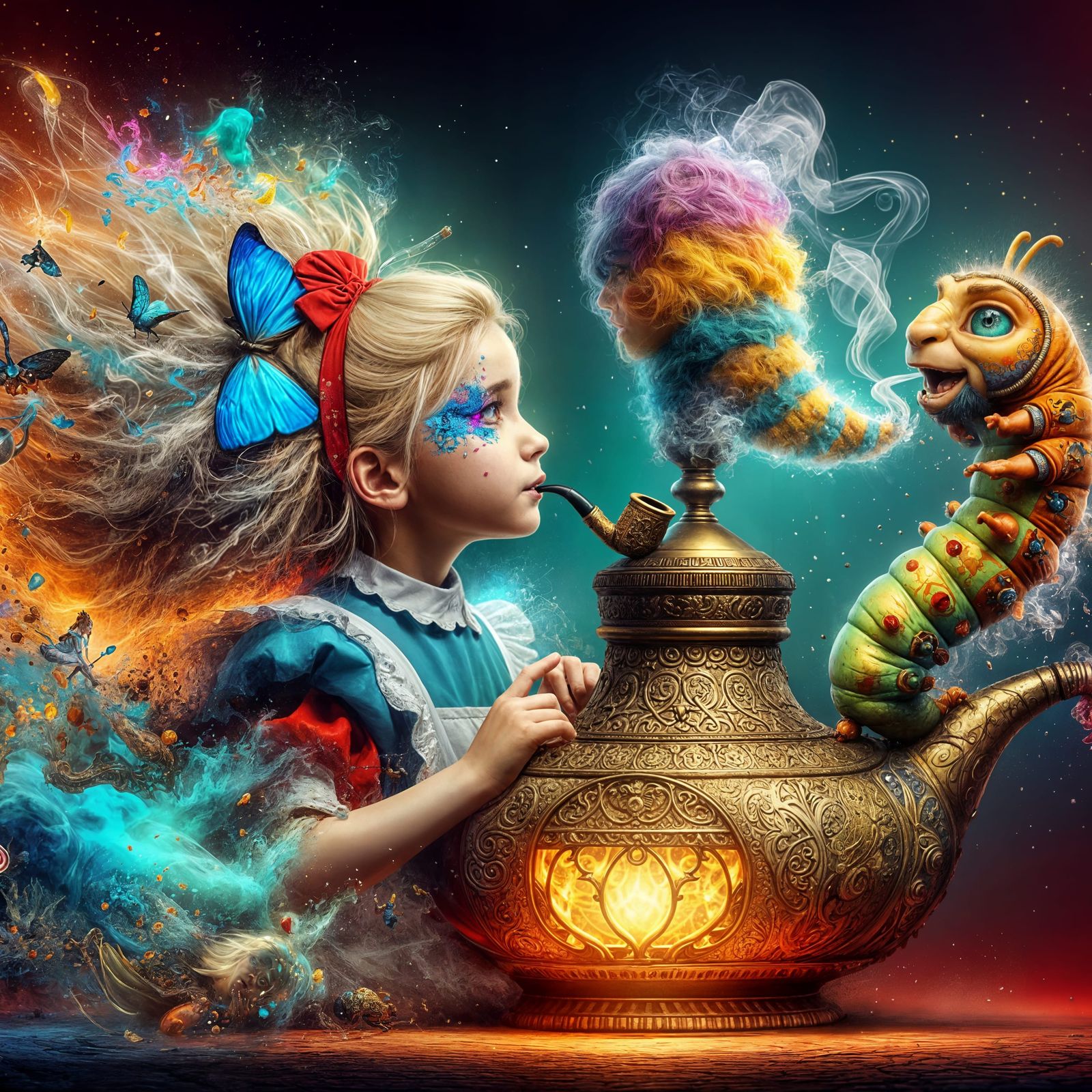 Alice and Caterpillar on Magic Lamp, Hyper-Realistic Splash ...