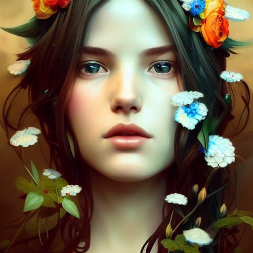 Girl with Flowers: Hyperdetailed Art Nouveau Portrait