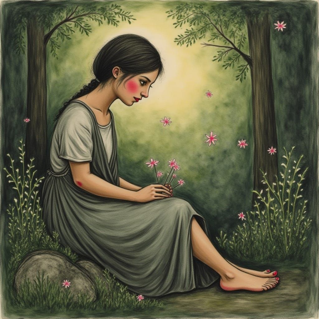 Contemplative Woman in Forest Glade, Art Nouveau Style