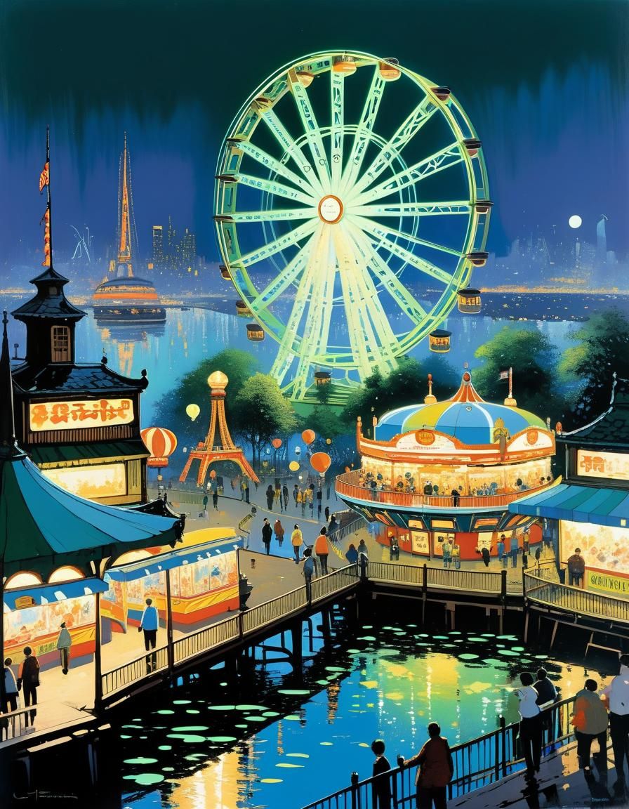 Fluorescent Cityscape Amusement Park in Painterly Style