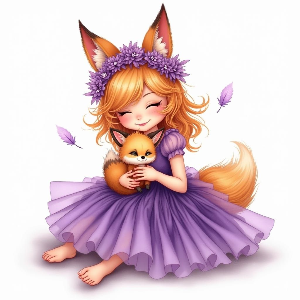 Innocent Dryad Woman with Fox Cub in Floral Crown