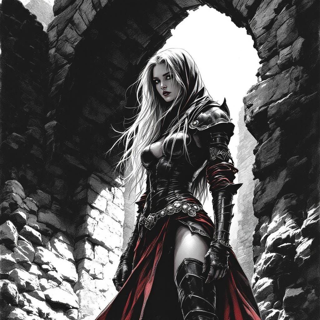 Figure in Leather Armor Under Archway in Pen and Ink Style