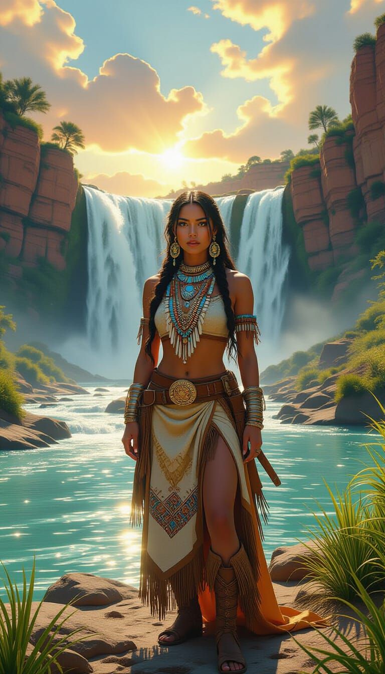 Native American Cowgirl by Waterfall in Digital Painting