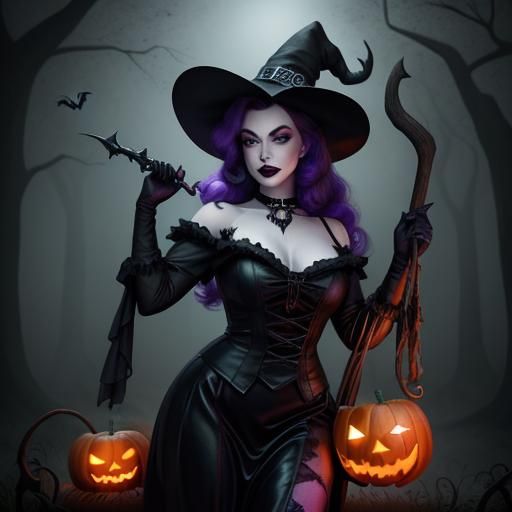 Gothic Halloween Witch Bombshell Pin-Up in Graveyard