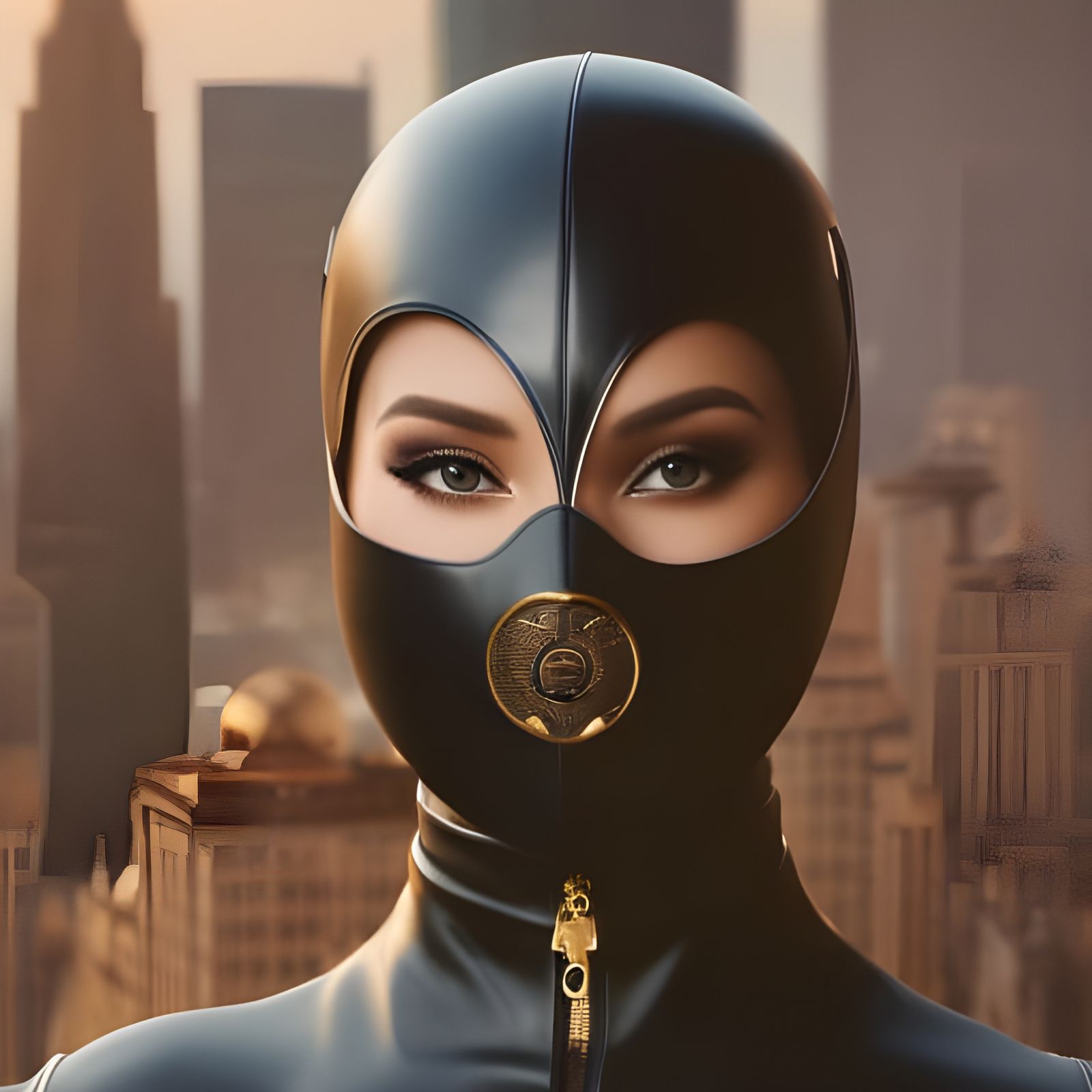 Leather-Clad Woman with Mask in Cityscape, Digital Art