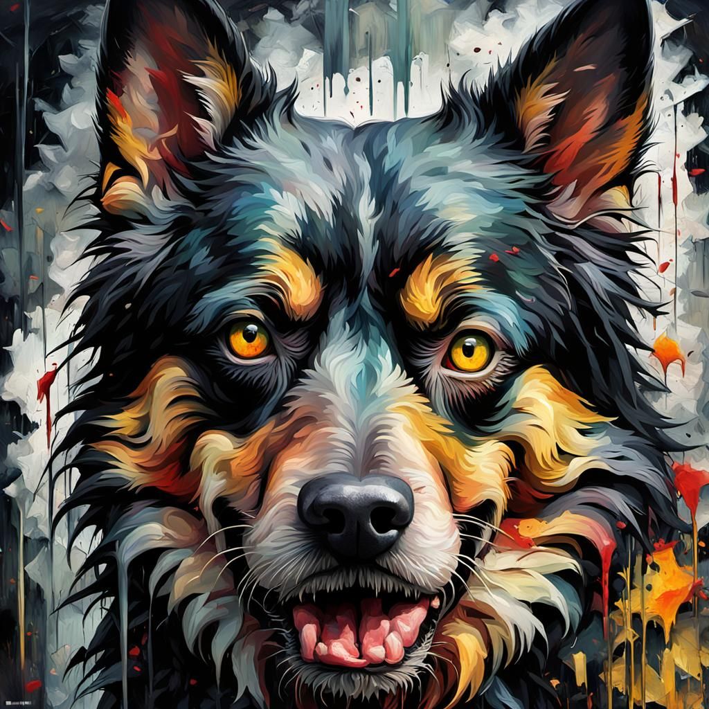 Rabid Dog Grotesque Cannibalistic Face in Impasto Style