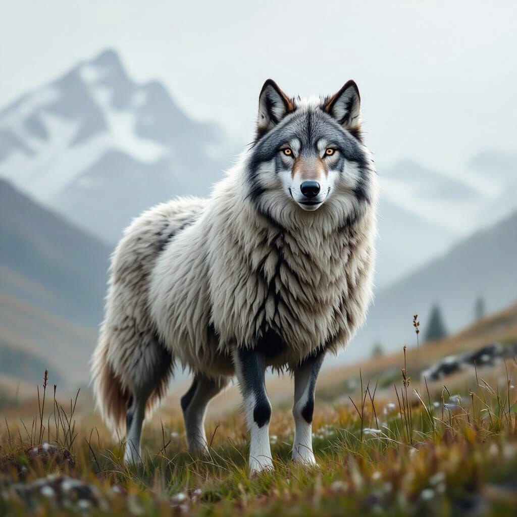 Majestic Sheep-Wolf Hybrid in Misty Meadow