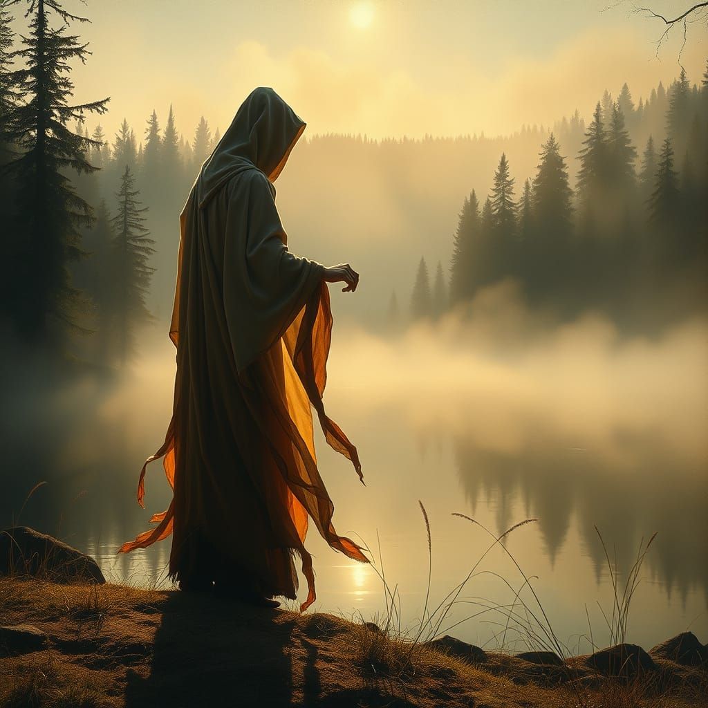 Mystical Figure Controls Shadows in Romantic Oil Painting