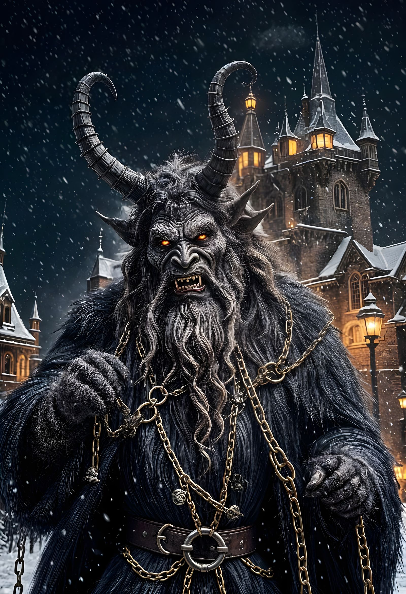 Gothic Krampus Strolls Through a Snowy Nighttime Scene with...