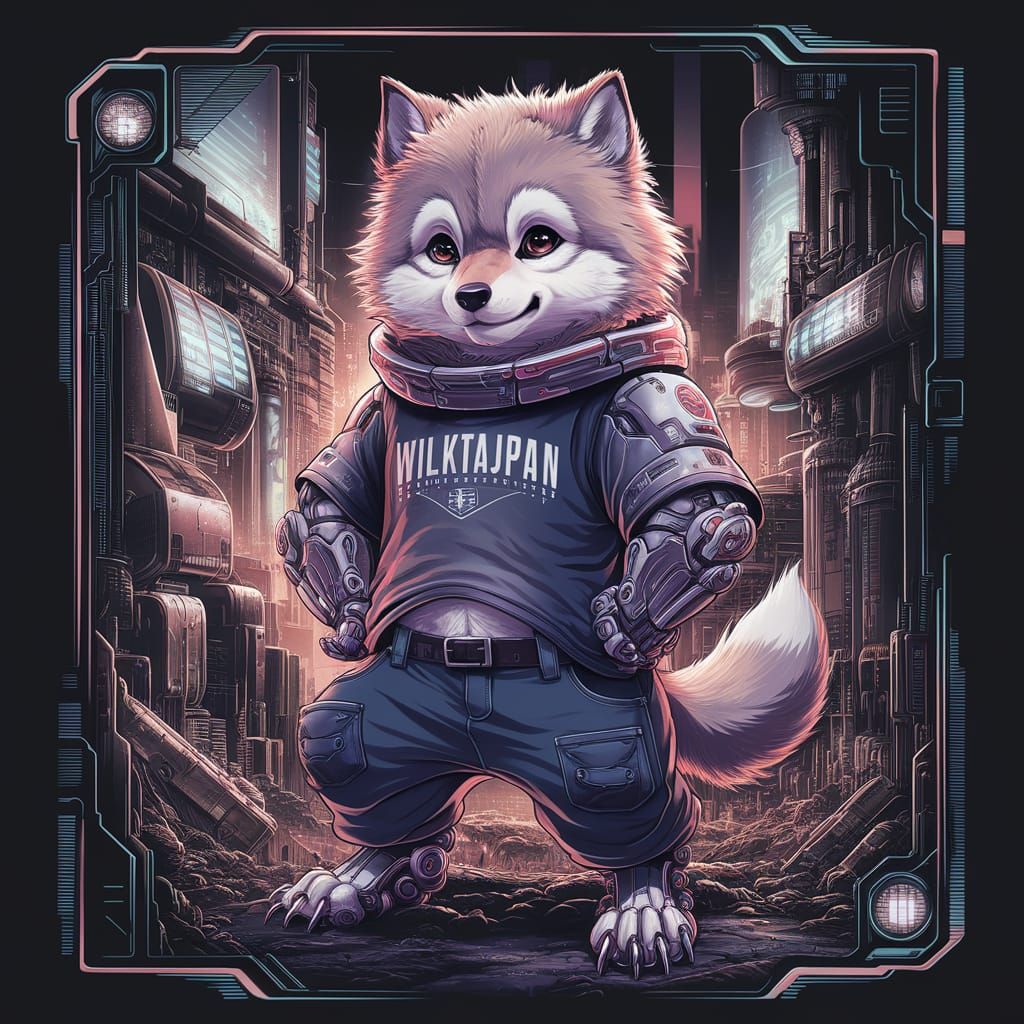 Cyberpunk Wolf in Post-Apocalyptic Anime Cityscape