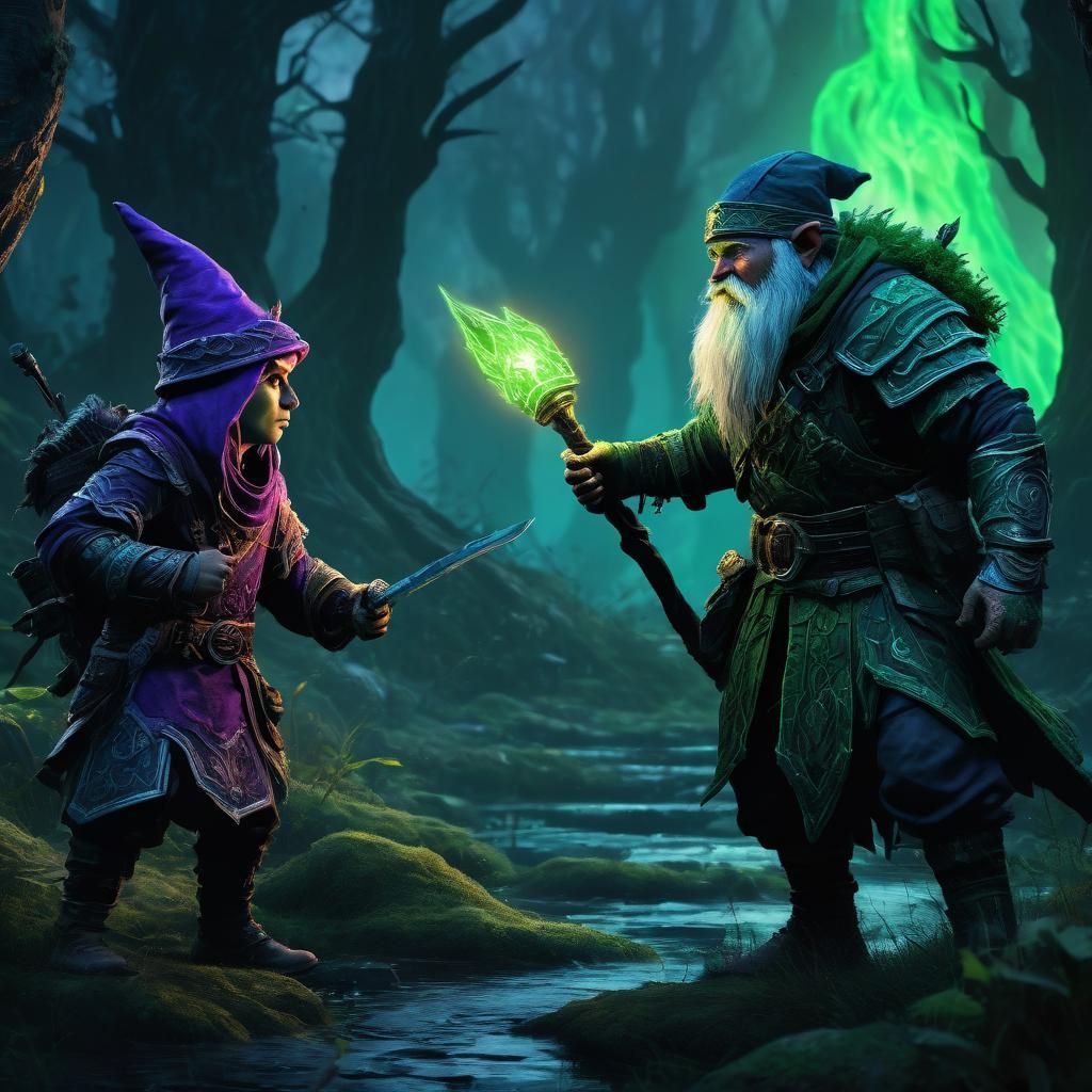 Gnome Ranger vs Dwalvine Mage in Dark Fantasy Art