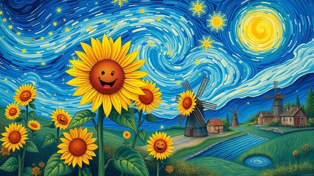 Dreamlike Sunflowers Under Starry Sky: Van Gogh Style