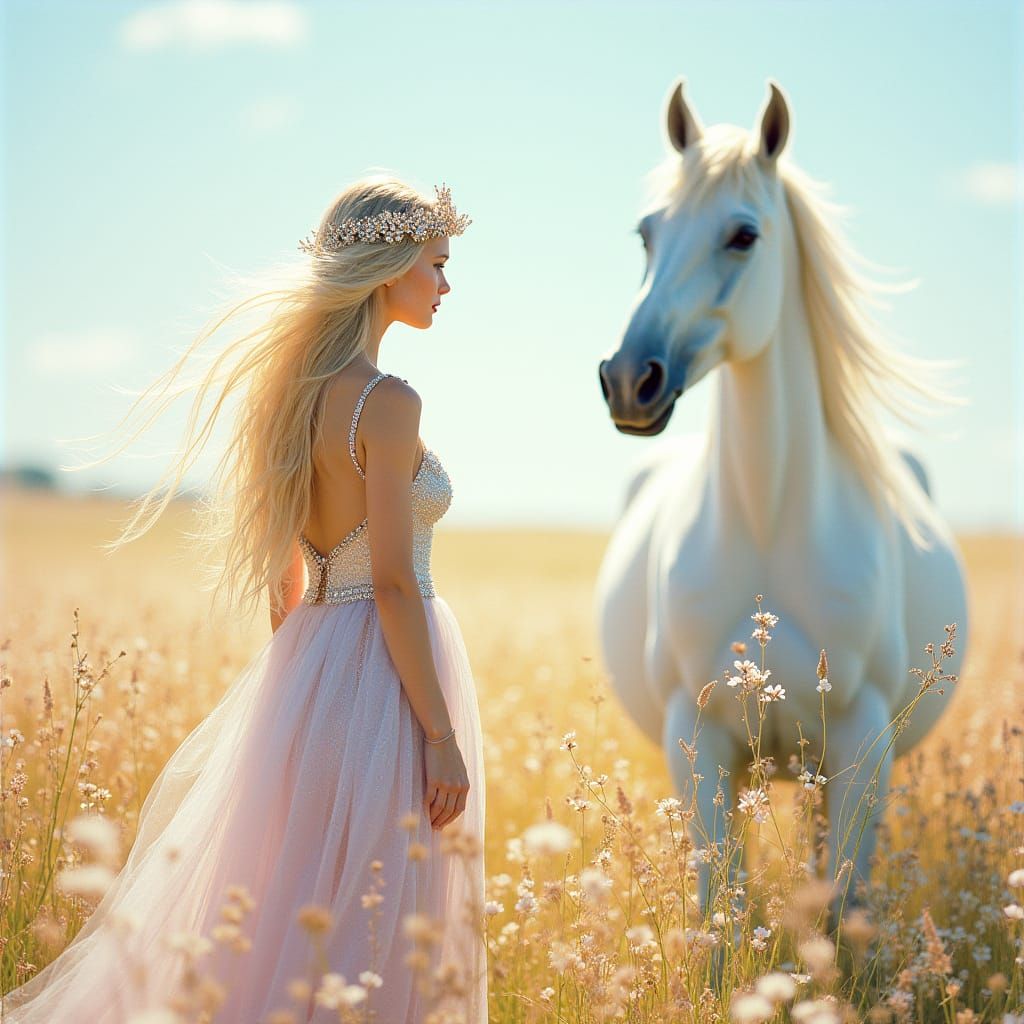 Ethereal Gypsy Queen with White Horse, Watercolor Style