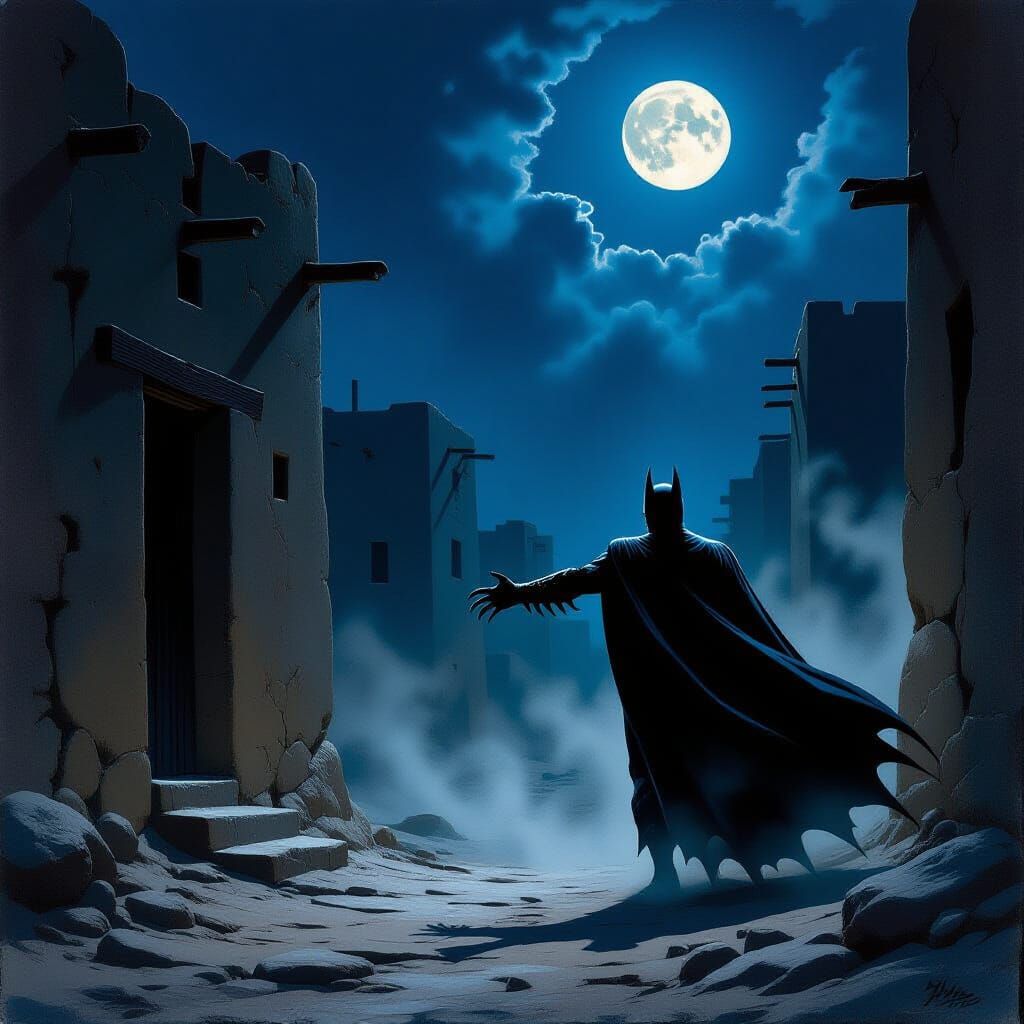 Gothic Pueblo Batman Confronts Shadow Creature in 1899 Style