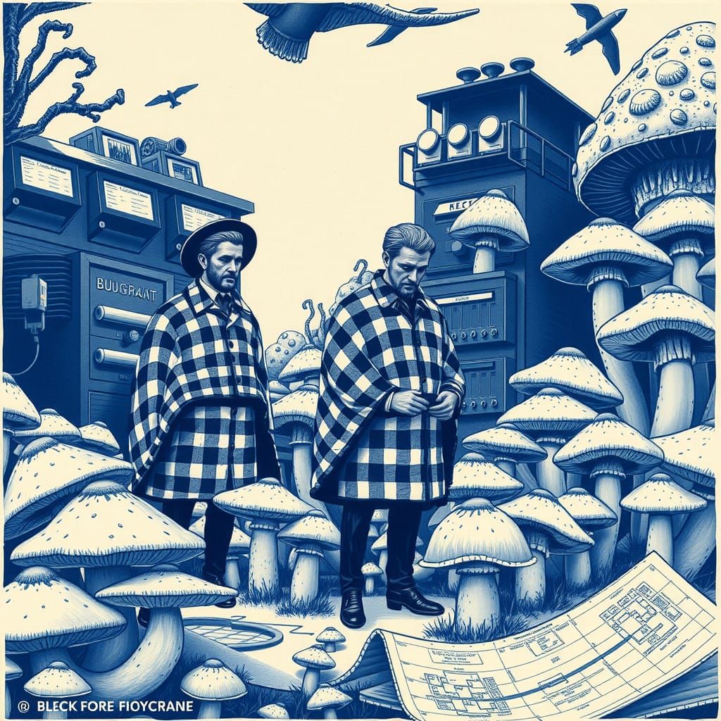 Porcelain Bureaucrats Counting Mushrooms in Linocut Style