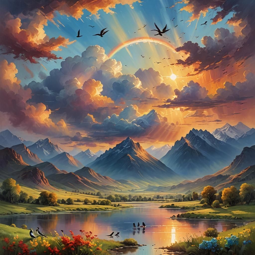 Dreamy Sunset Landscape With Birds in Flight
