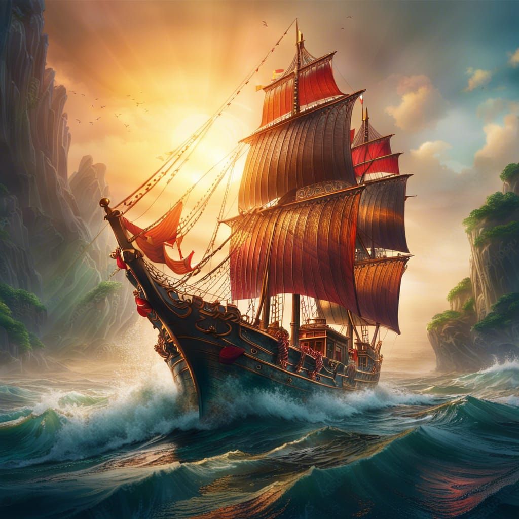 Majestic Chinese Junk Ship on the South China Sea