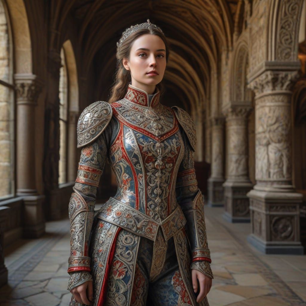 Elegant Female Guard in Medieval Castle Hall