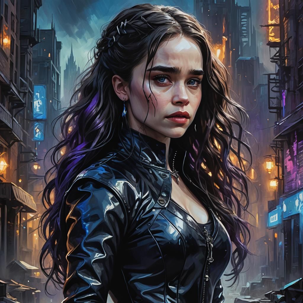 Gothic Vampire Princess in Dystopian Cityscape