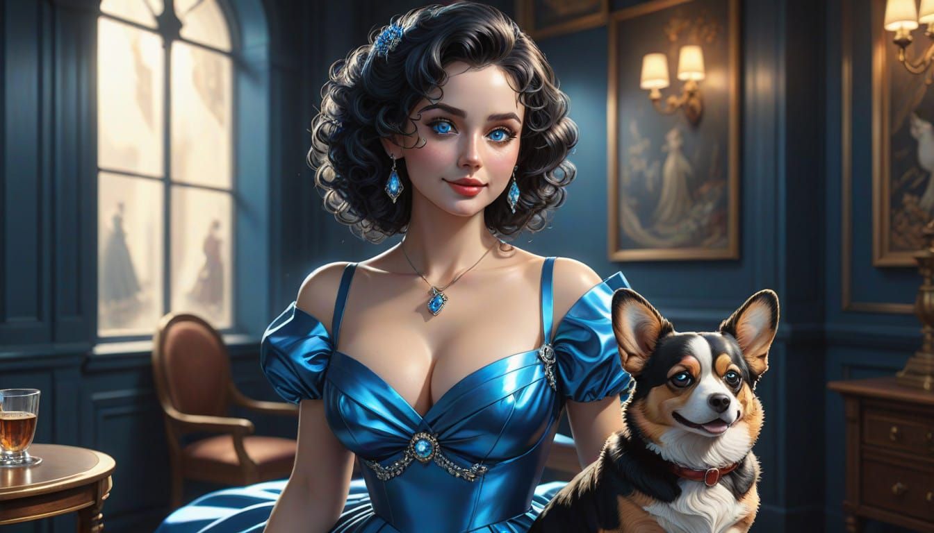 Smirking Femme Fatale in Elegant Blue Dress