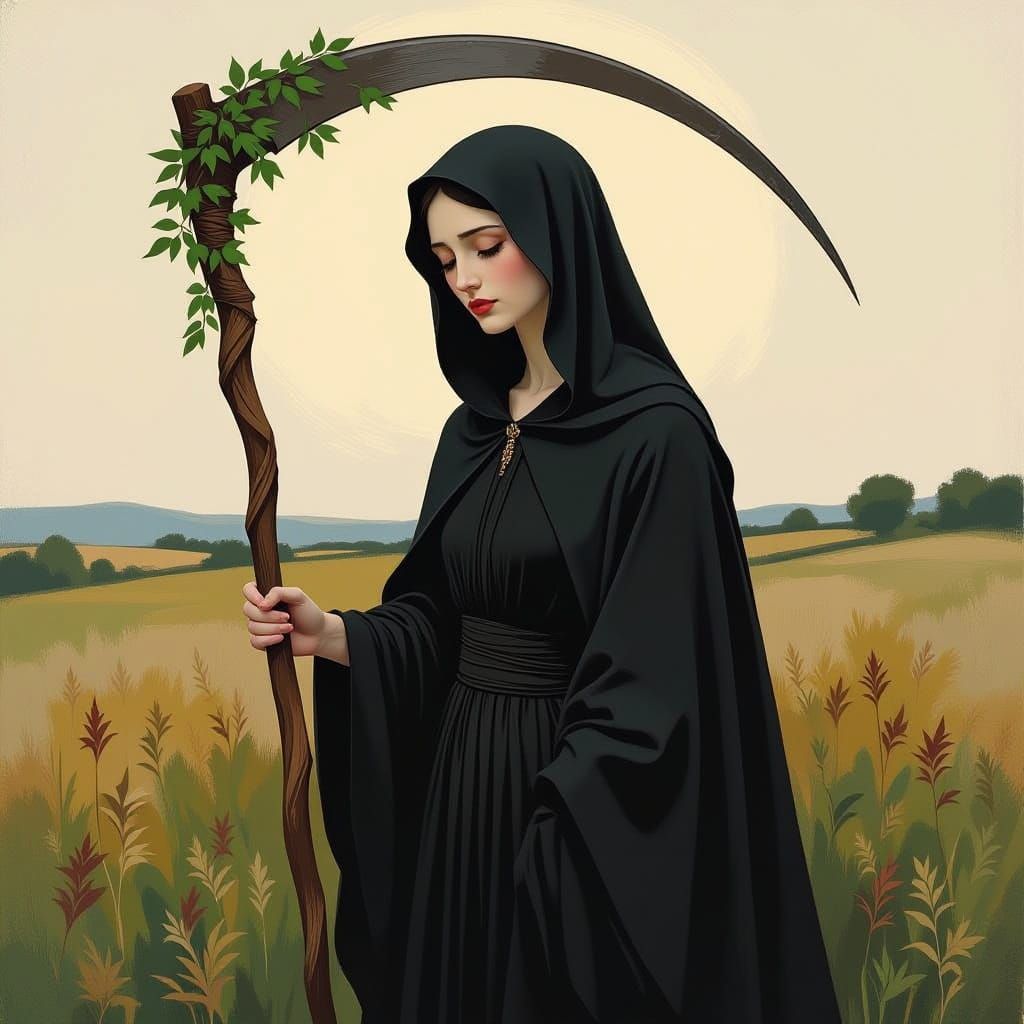 Gentle Death: Woman with Staff in Expressionist Style