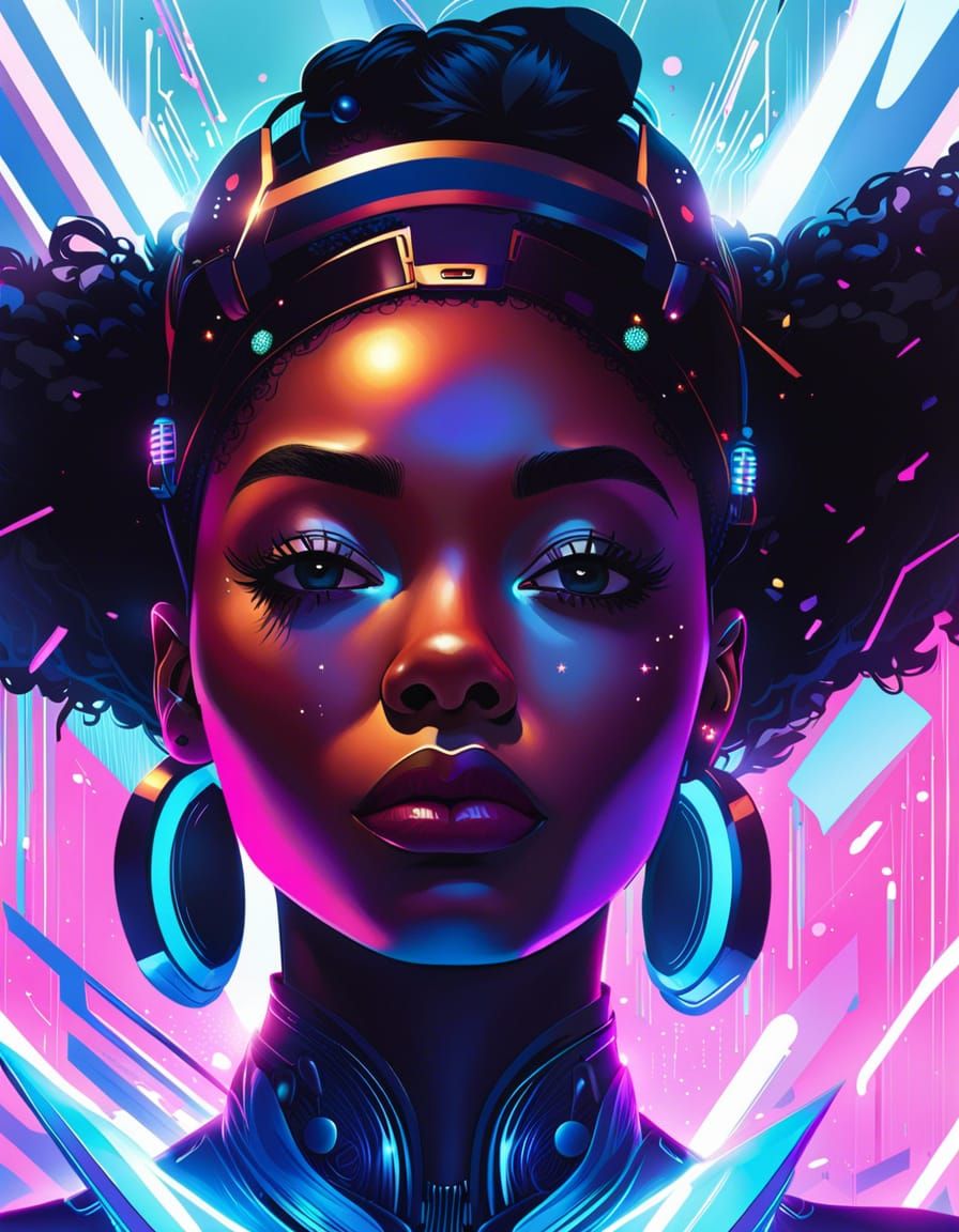 Digital illustration of cyberpunk black woman.