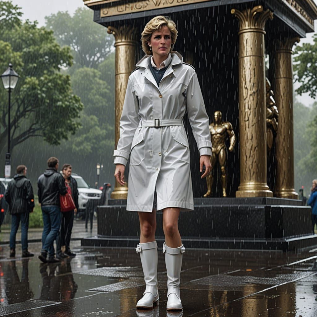 Princess Diana in Raincoat Near London Statue