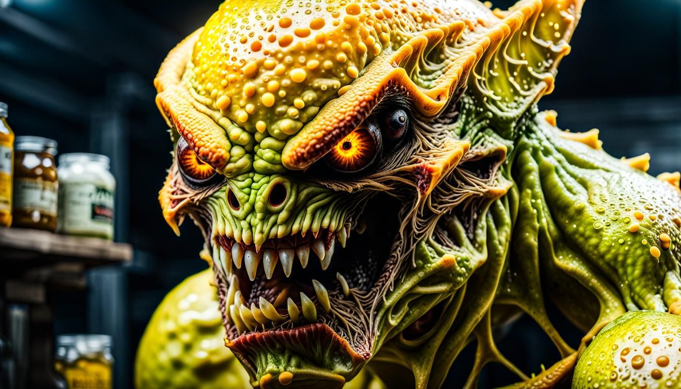 Hyperrealistic Mutant Lemon Fruit Monster in Woods
