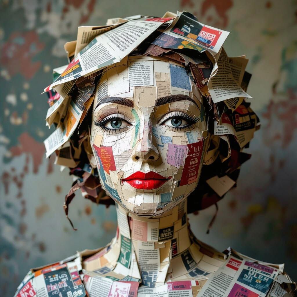 Paper Mache Woman Portrait from Recycled Materials