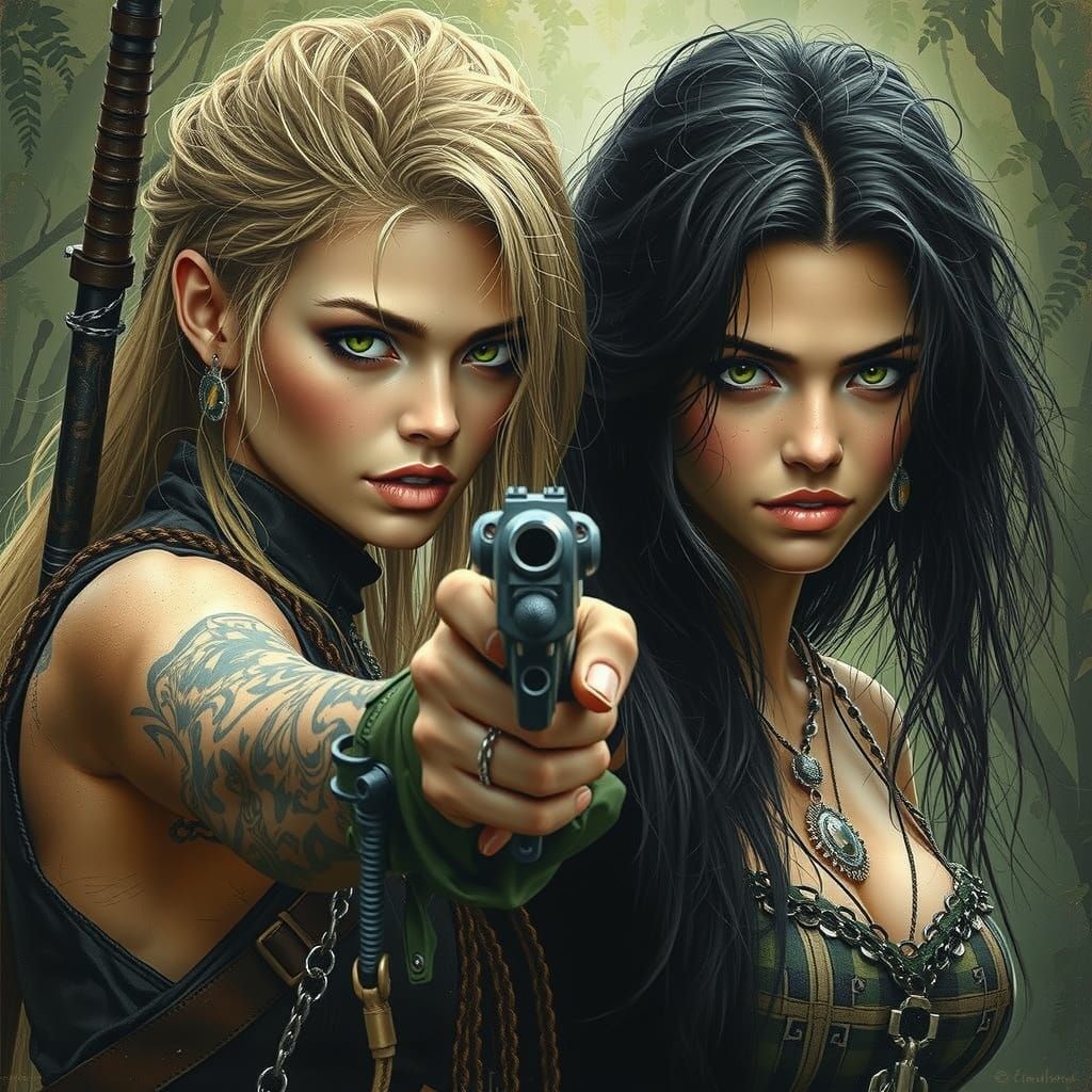 Dynamic Portrait of Female Warriors in Jungle