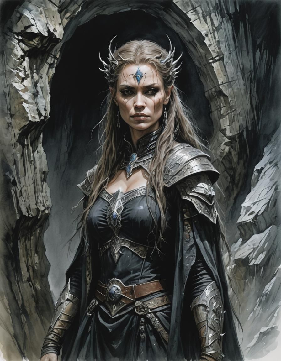 Norn Queen Portrait in Grimdark Gouache Style