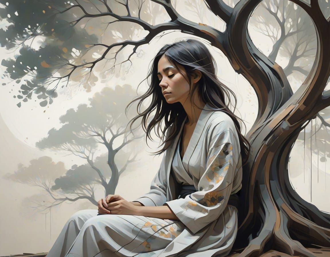 A Young Girl's Contemplative Moment Under a Fractal Tree