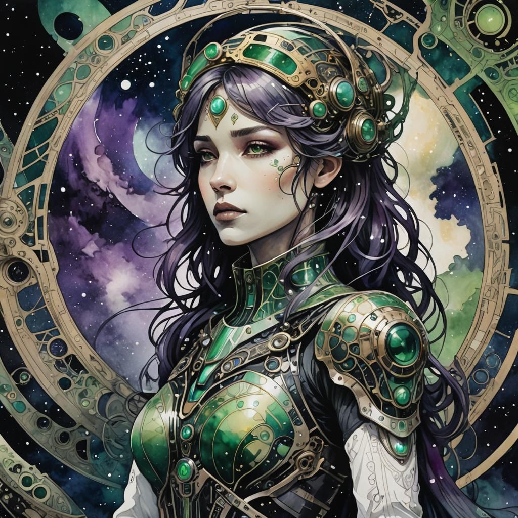 Cyborg Woman in Dark Sci-Fi Ink Wash Painting