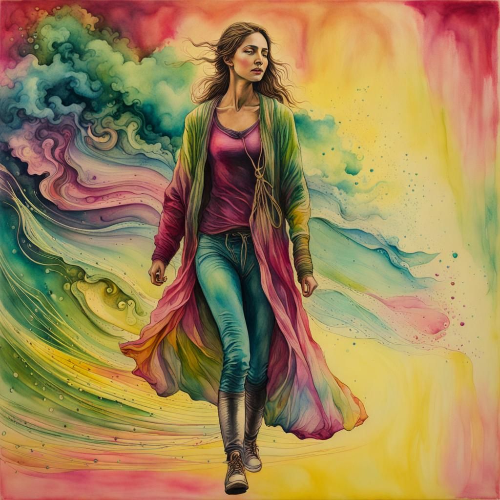 Woman Walking in Surreal Liquid Ink Watercolor Universe