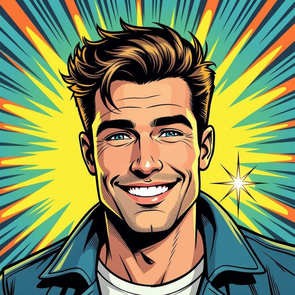 Handsome Man With Sparkling Tooth In Comic Book Style