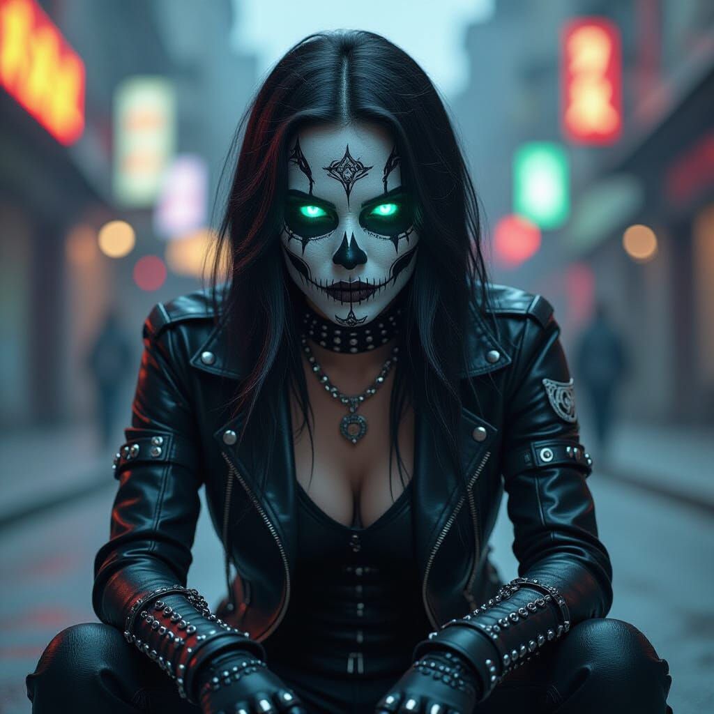 Gothic Cyberpunk Woman with Sugar Skull Makeup