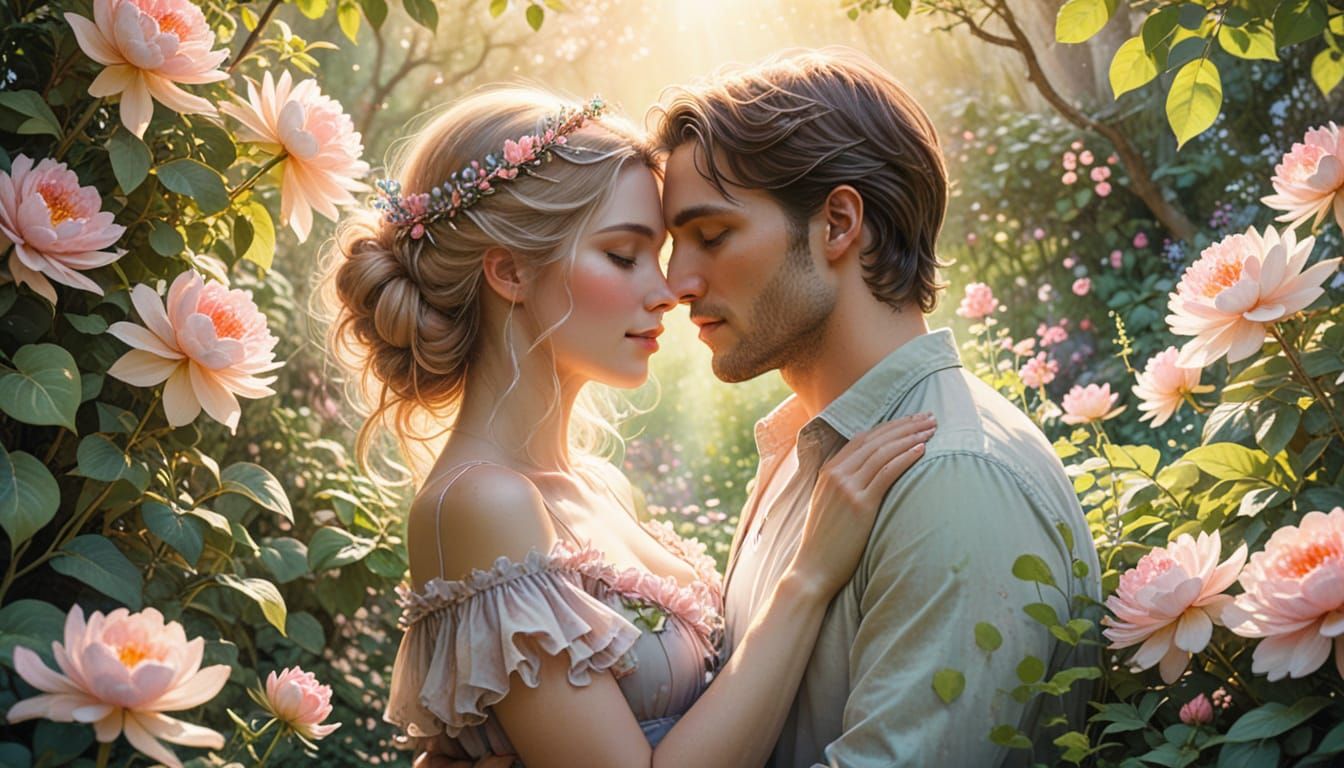 Romantic Couple Embrace in Whimsical Watercolor Garden