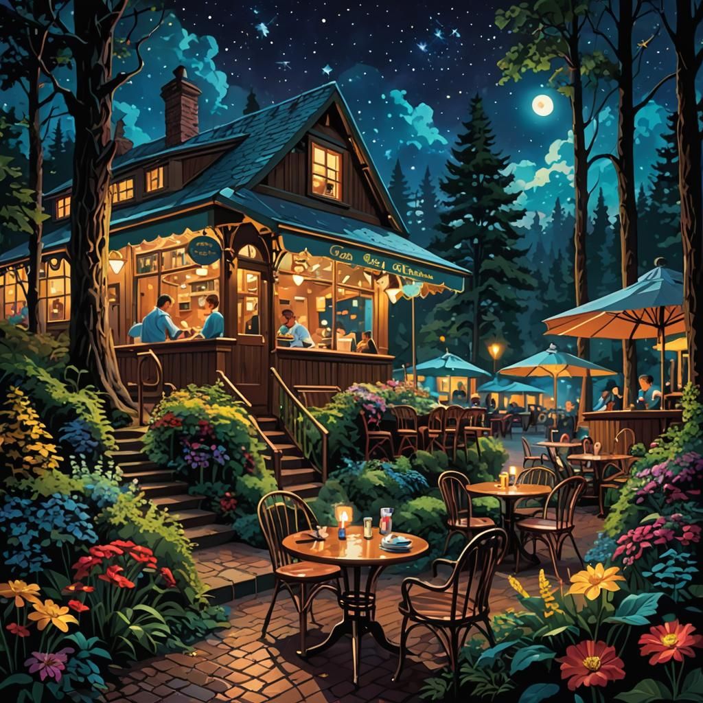 Forest Cafe at Night in Luminist Style