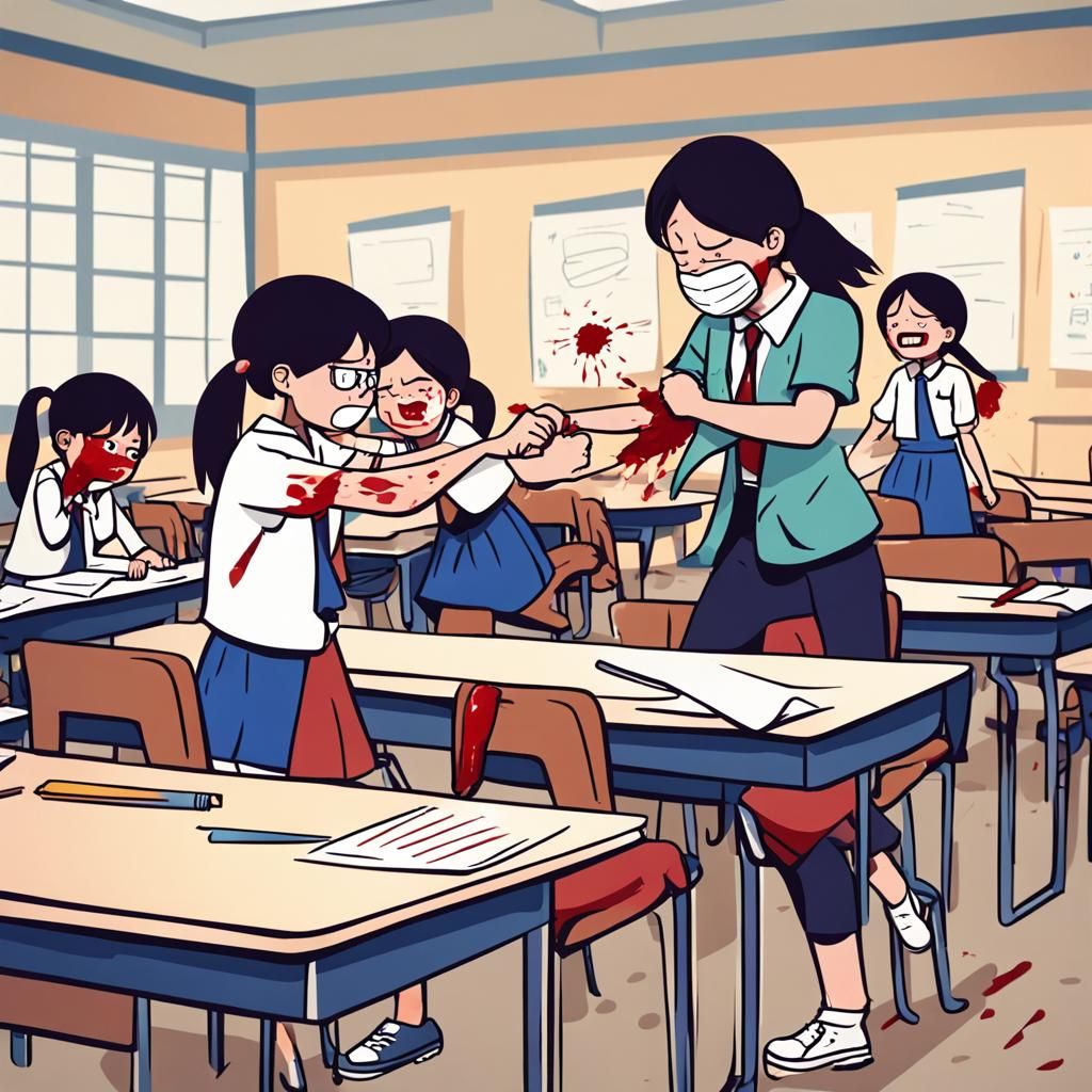 Cartoon Teacher and Student Fight in Classroom