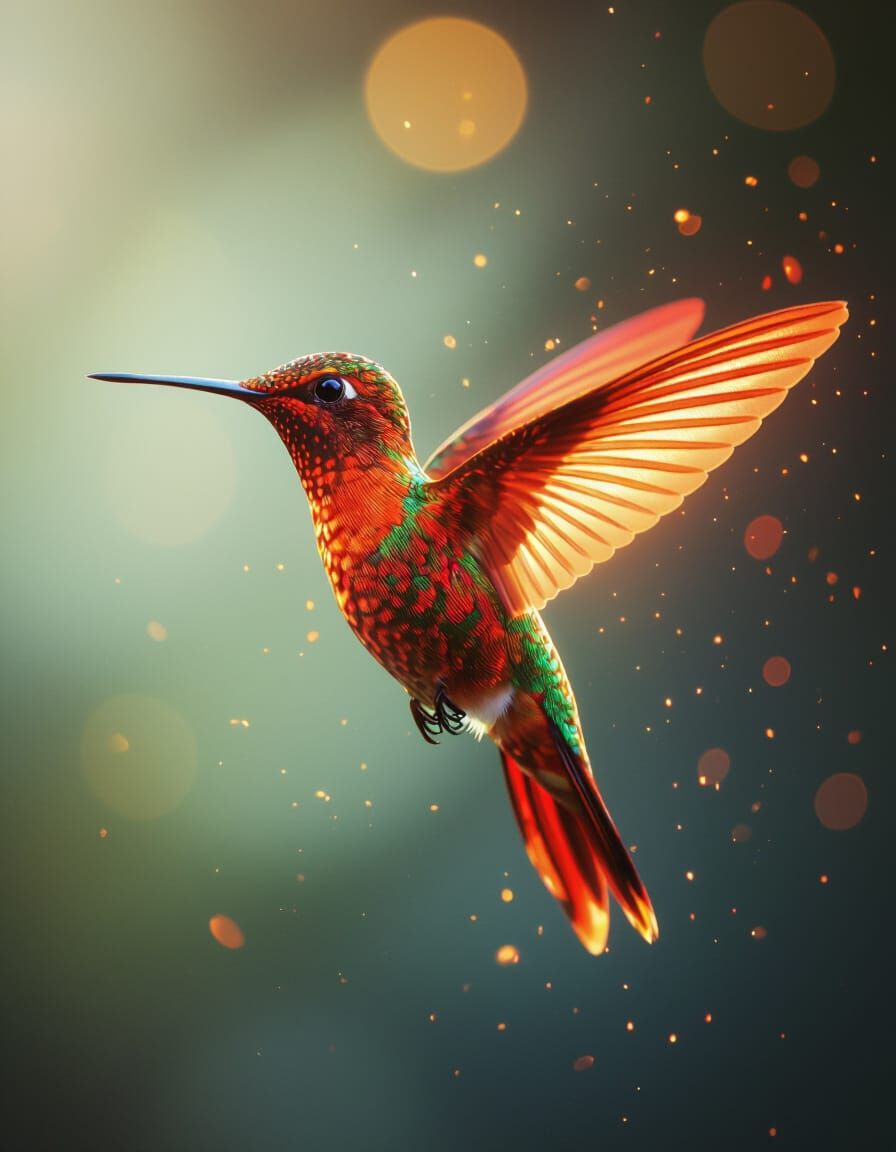 Luminous Hummingbird in Flight with Fire Red Feathers