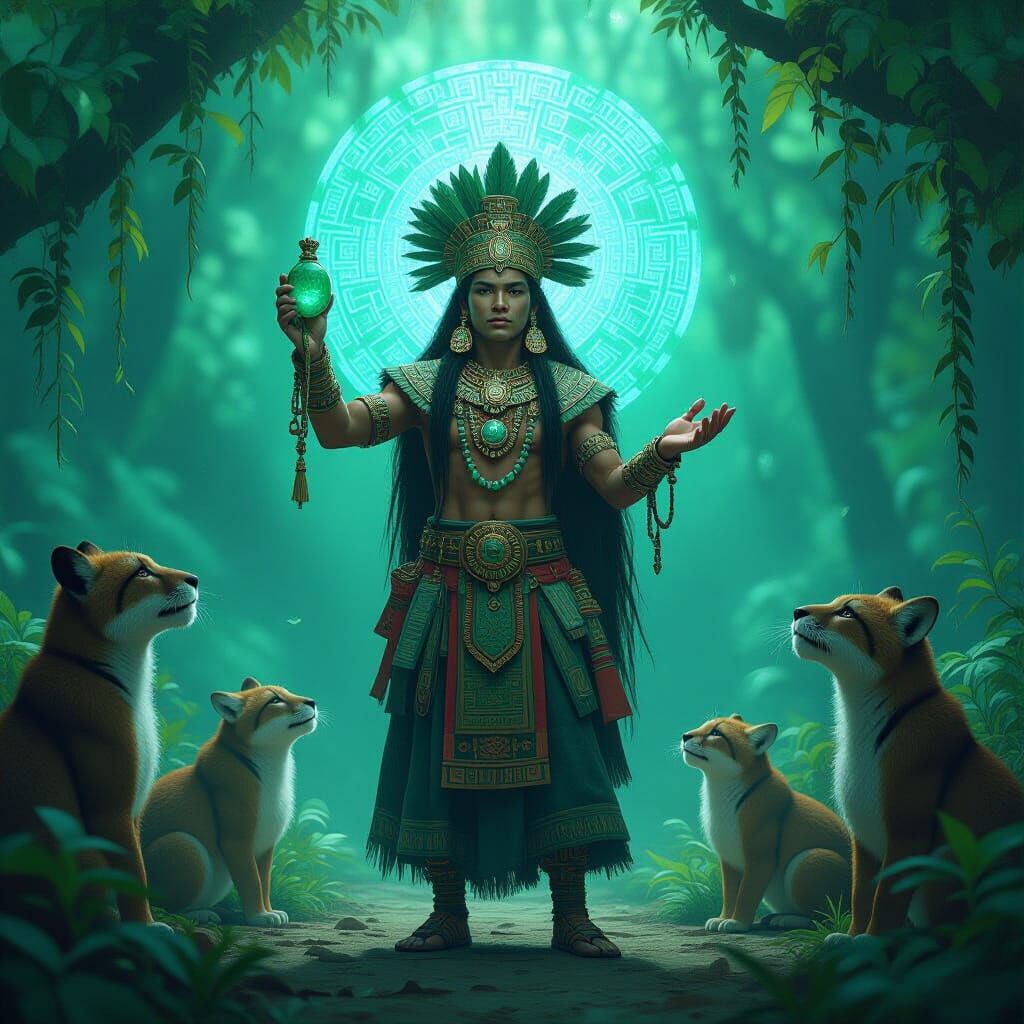 K'inich and Reverent Animals in Dreamy Mayan Scene