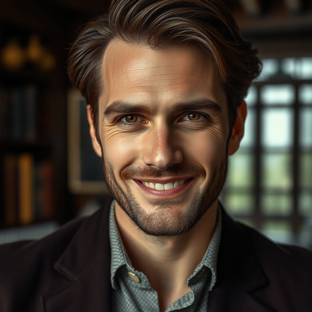 Hyperrealistic Portrait of a Smiling Man in Study