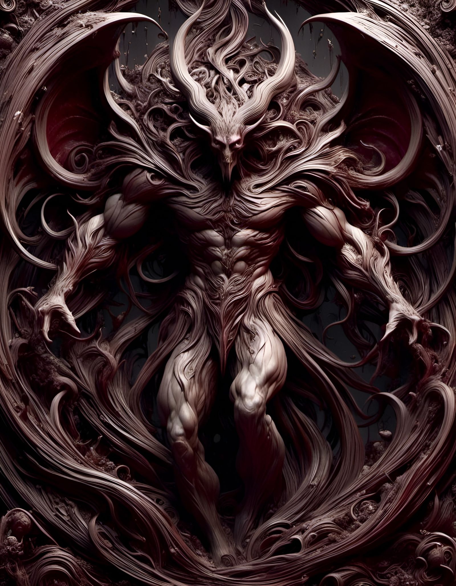 Monochrome Anime Demon in Dark Maroon and Beige