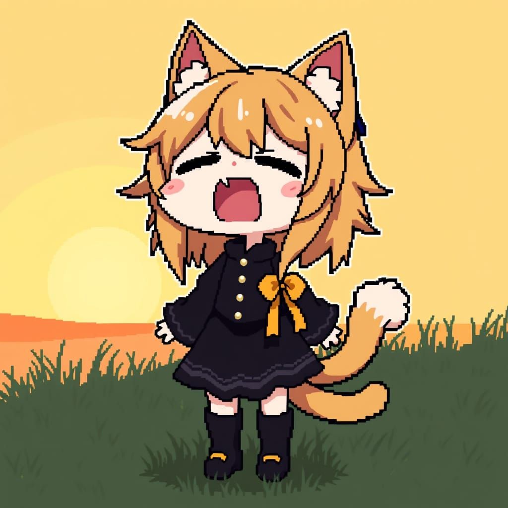 Retro Anime Catgirl Yawns in a Sunny Meadow
