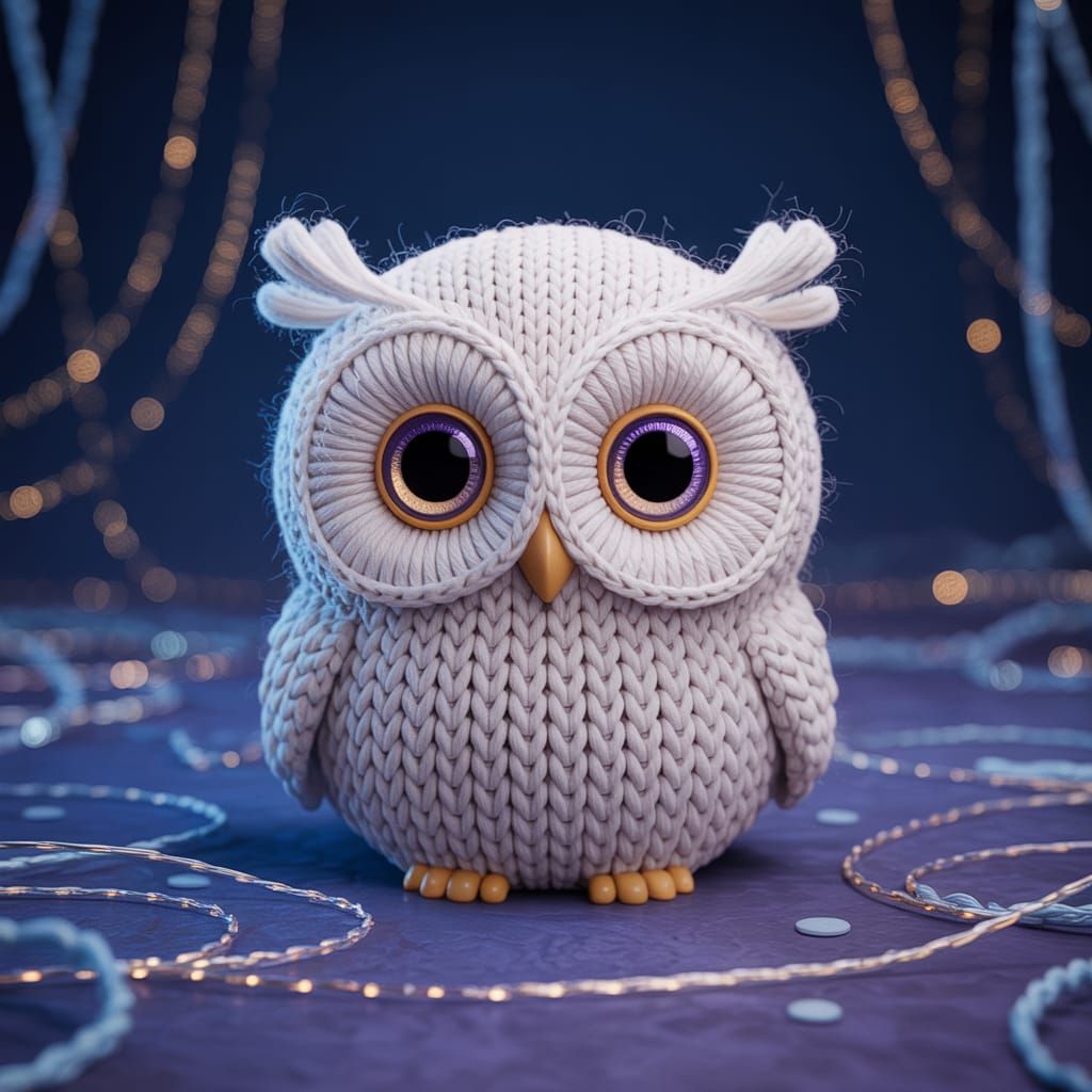 Adorable Chibi Knitted Owl Portrait Painting