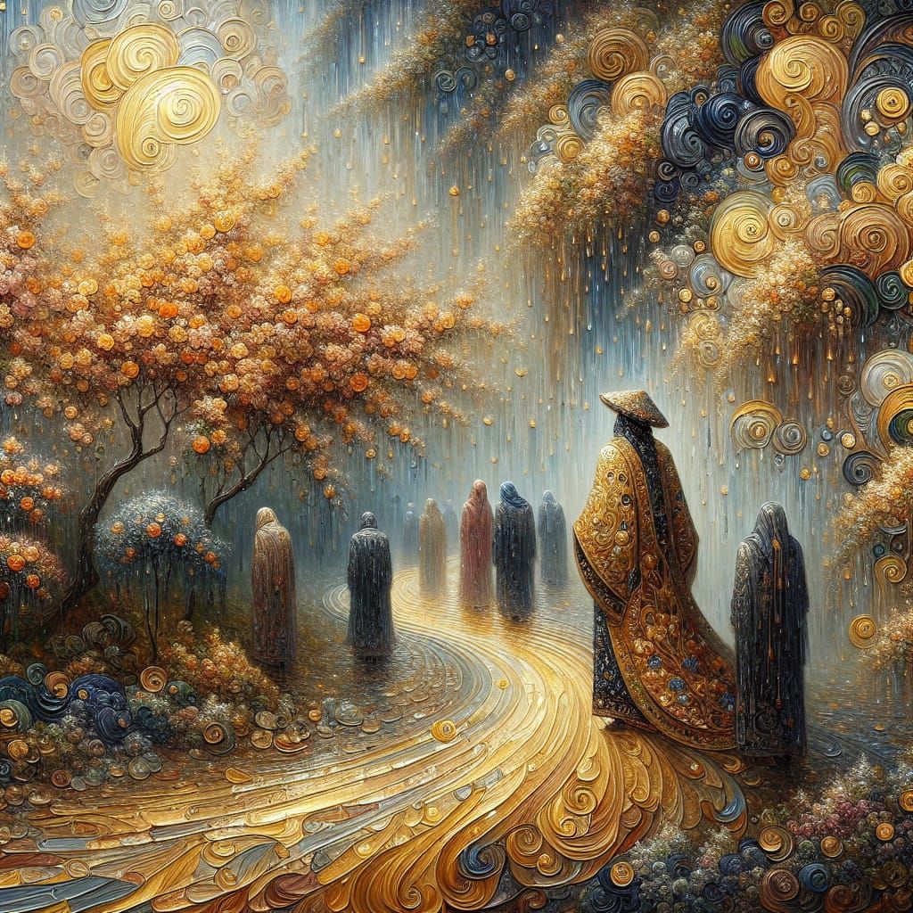 Impasto Oil Painting of Rainy Qingming Festival in Decorativ...