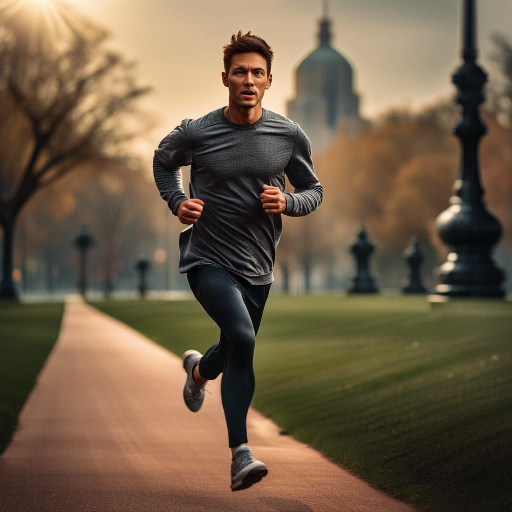 Photorealistic Running Man in City Park, 8K