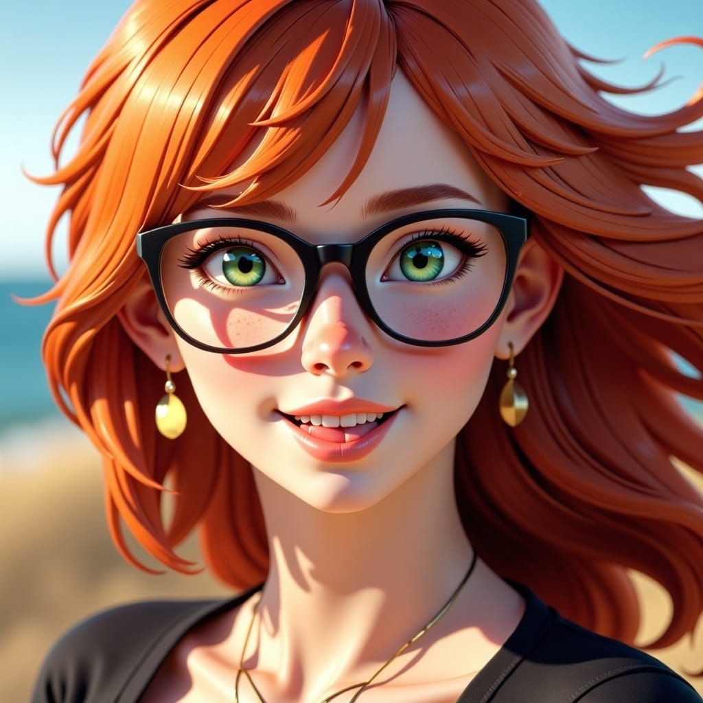 Redhead Woman with Glasses Smiling in the Wind