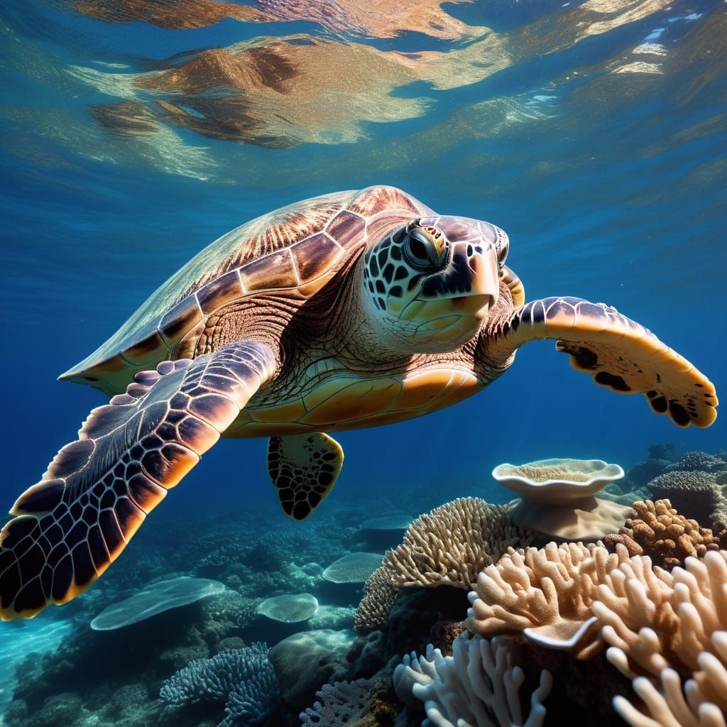 Underwater Coral Reef Scene with Sea Turtle