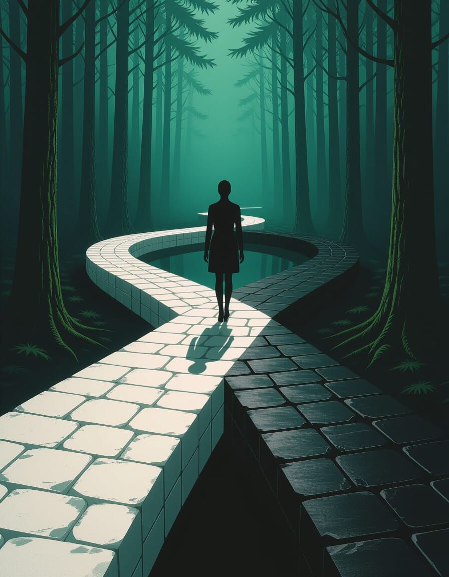 Faceless Figure at Crossroads of Fate in Dark Forest